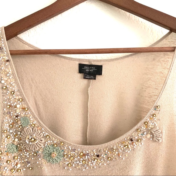 Anthropologie Delete Golden Beaded Asymmetric Top - Picture 4 of 8
